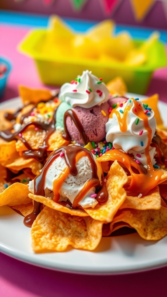 A delicious serving of ice cream nachos with tortilla chips, ice cream, sauces, and toppings.